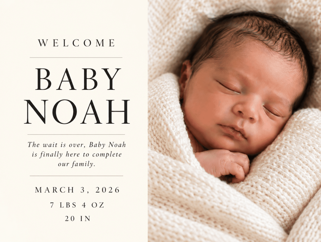 Birth announcement postcard for Baby Noah