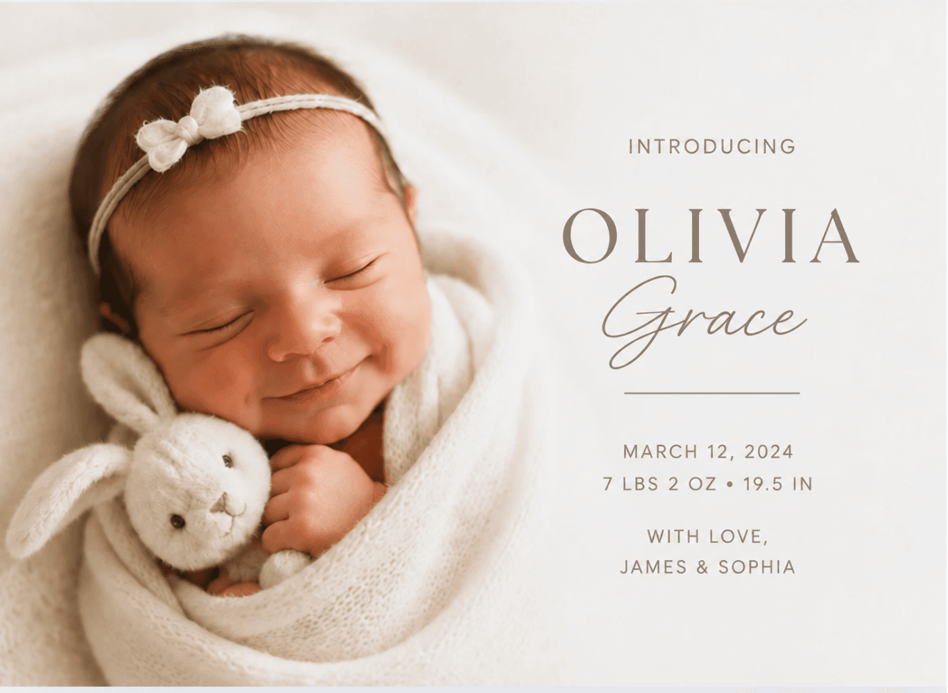 Birth announcement postcard for Olivia Grace