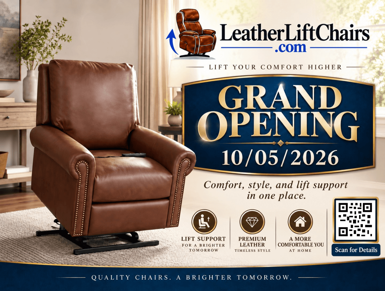Grand opening postcard for LeatherLiftChairs