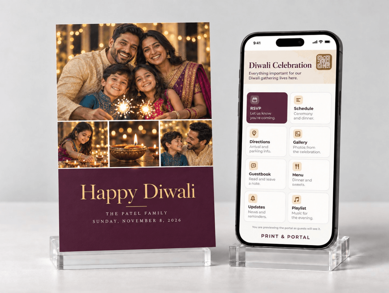 Printed Happy Diwali card for the Patel family standing beside a phone showing its celebration portal