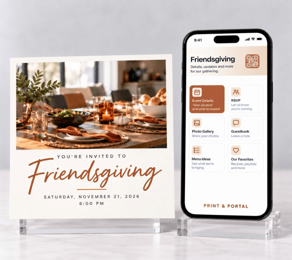 Printed Friendsgiving invitation standing beside a phone showing its event portal