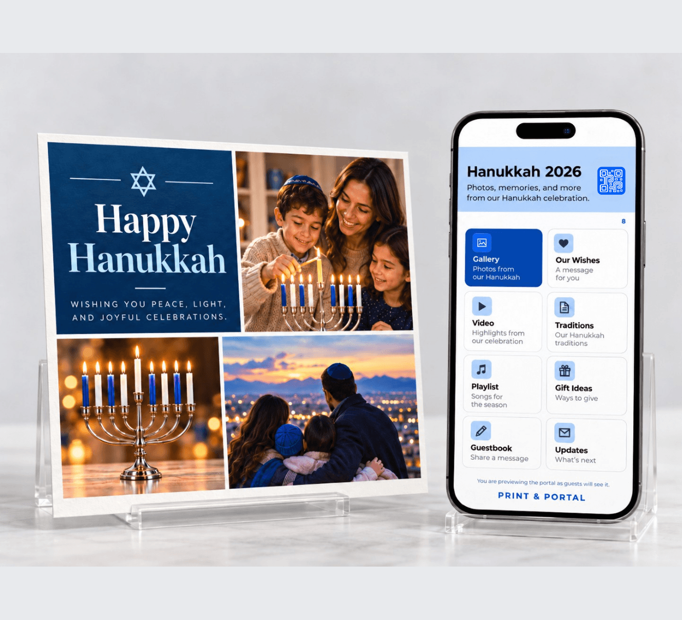 Printed Happy Hanukkah card standing beside a phone showing its Hanukkah portal