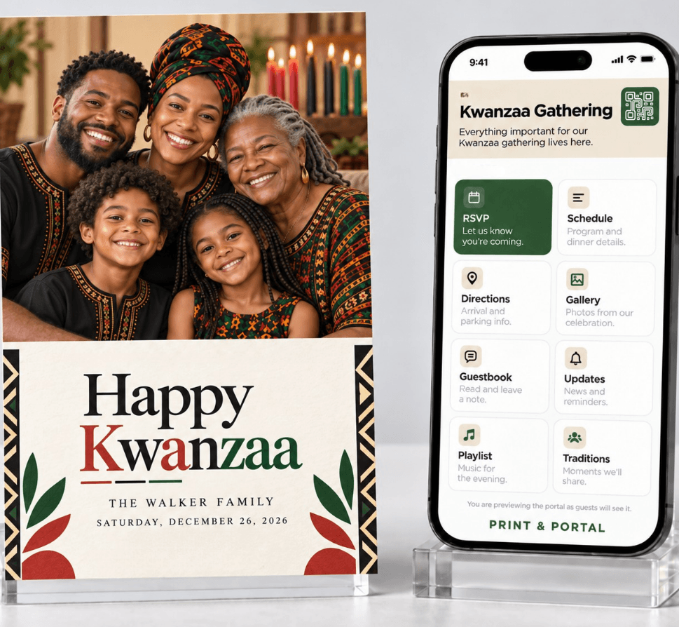 Printed Happy Kwanzaa card for the Walker family standing beside a phone showing its gathering portal