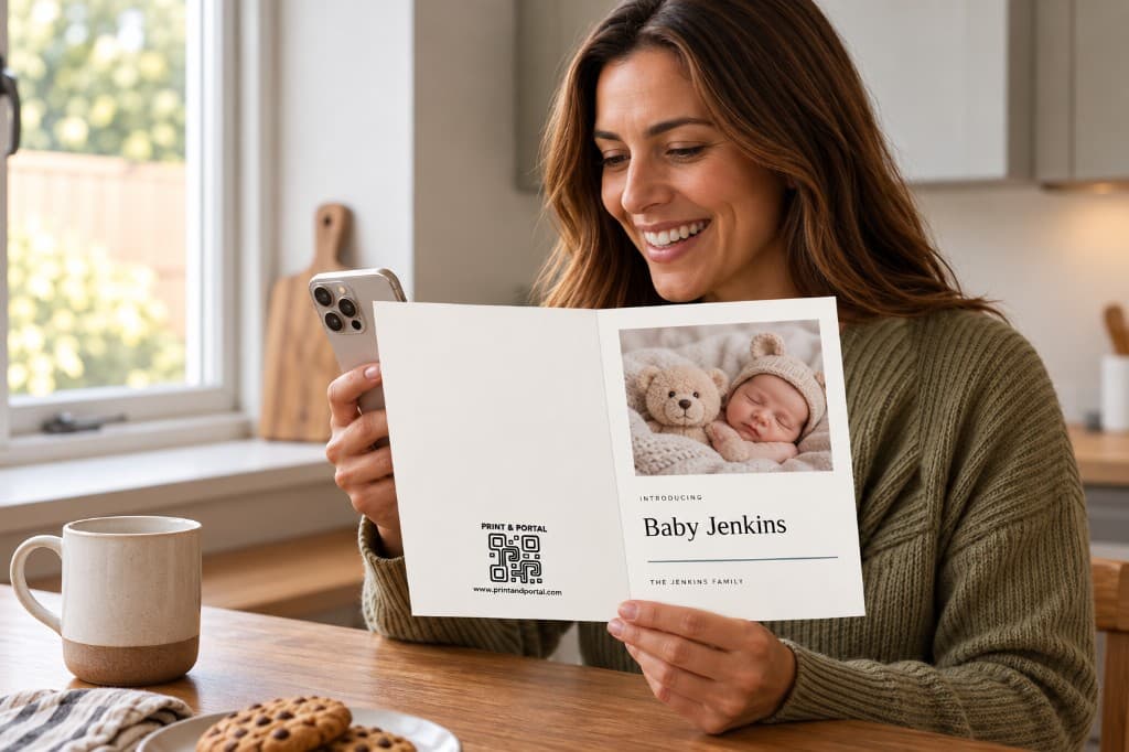 Woman smiling while scanning the Print & Portal QR code on a Baby Jenkins announcement card with her phone